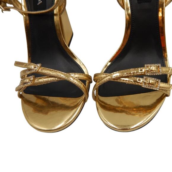 Aqua Crystal Embellished Buckle Strappy Block High Heel Sandals Metallic Gold 6B - Picture 3 of 6